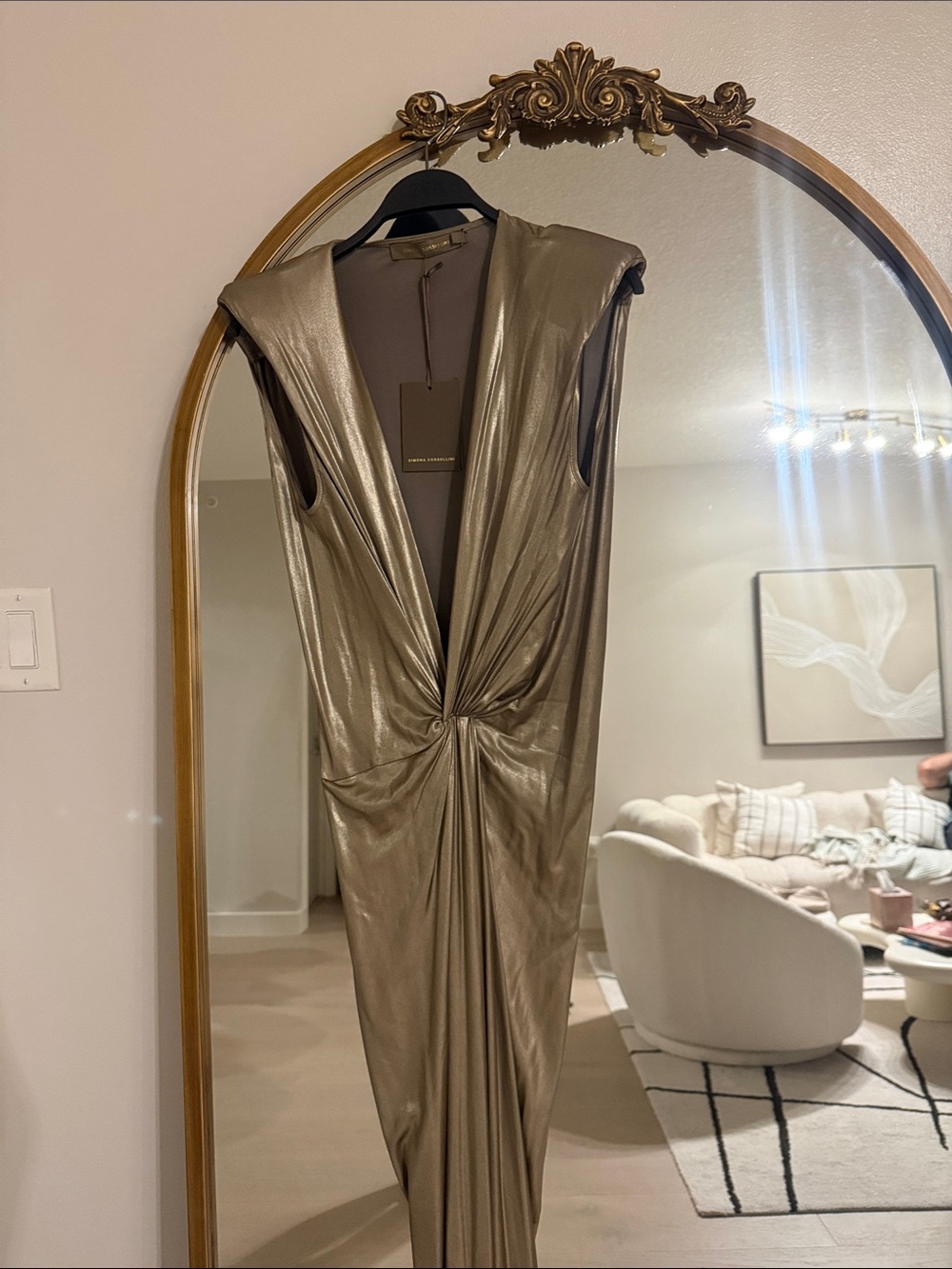 Metallic Taupe Sleeveless Twist-Front Evening Dress